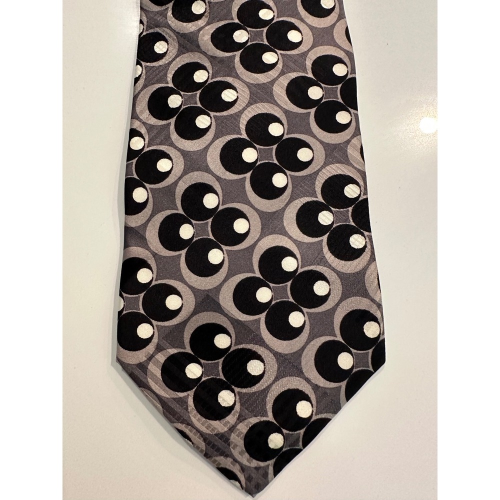Maus & Hoffman Mens Silk Tie Italy Geometric Floral Grey Black White 3.75" Width